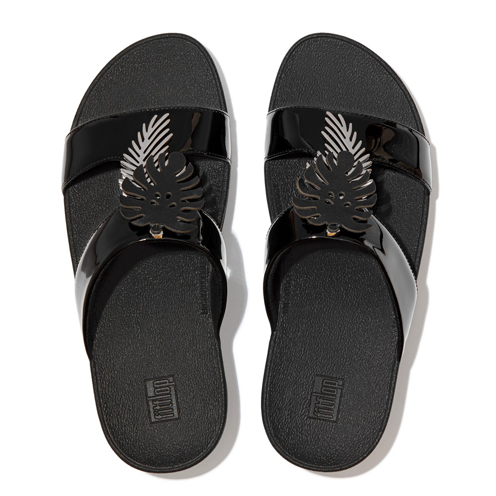 Fitflop Womens Slides Black - Lottie Jungle-leaf Patent - MI3976502